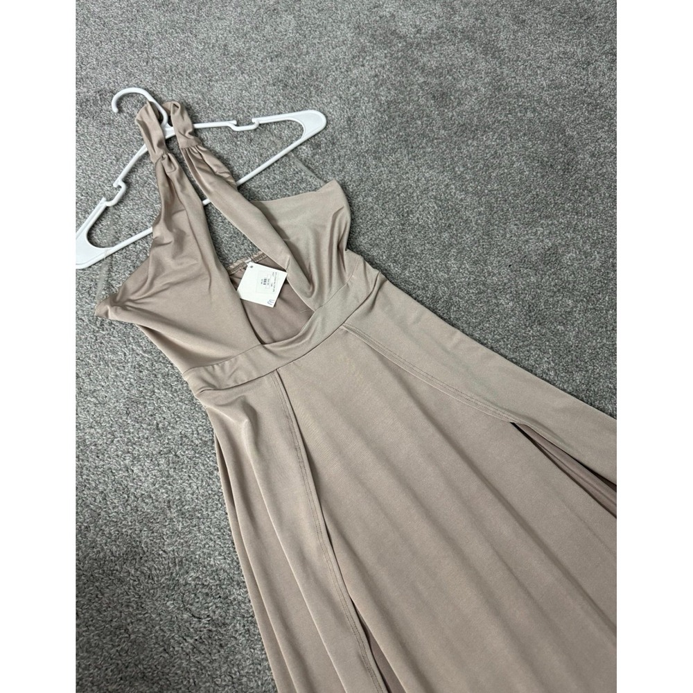 Tan Halter Maxi Dress Deep V-Neck High Slit Summer Sundress Size Medium NEW